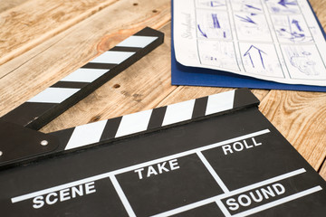 clapperboard, storyboard on wood