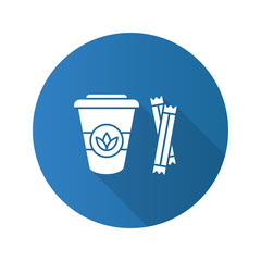 Tea to go with sugar sachets flat design long shadow glyph icon