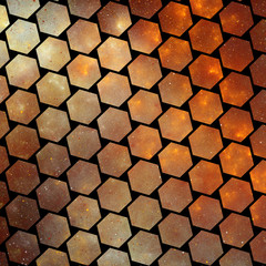 Abstract glittering hexagonal texture with golden particles. Fantasy fractal design. Digital art. 3D rendering.