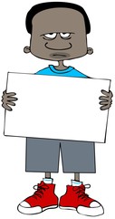 Illustration of an angry black boy holding a large, blank sign.