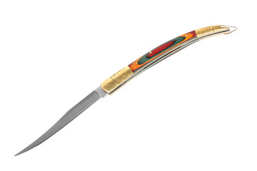 Old elegant long penknife with thin blade and multicolor wooden handle. Isolated on white