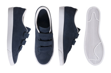 blue male sneakers in different poses isolated on white