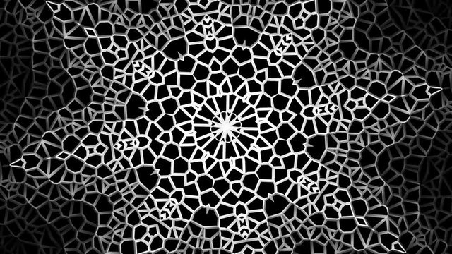 Emboss white ornamental circle on black background. Round mandala pattern. Seamless loop footage. Rotating white arabic pattern, arabesque.
