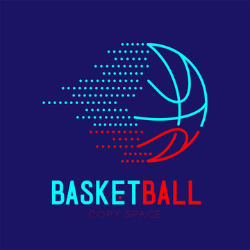 Basketball dash logo icon outline stroke set dash line design illustration isolated on dark blue background with basketball text and copy space