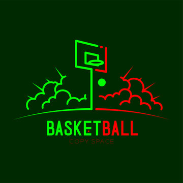 Basketball Hoop With Cloud Radius Logo Icon Outline Stroke Set Dash Line Design Illustration Isolated On Dark Green Background With Basketball Text And Copy Space