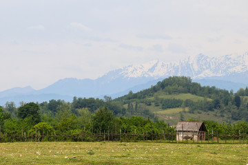 Old wooden barn in the village in Caucasus mountains