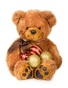 Toy teddy bear with christmas baubes