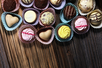 a lot of variety chocolate pralines, belgian confectionery gourmet chocolate.