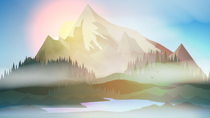 Sunset or Dawn Over Mountains with Lake and Pine Forest Landscape - Vector Illustration