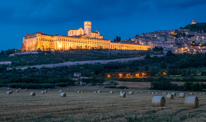 Panoramic view of Assisi at sunset, in the Province of Perugia, in the Umbria region of Italy.