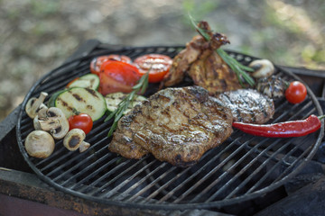 delicious grilled meat with vegetables over the coals on a barbecue