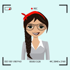 Video recording process with model. Blogger screen communication Vector flat illustration. Personal blog illustration. Digital vlog broadcasting. Home camera device