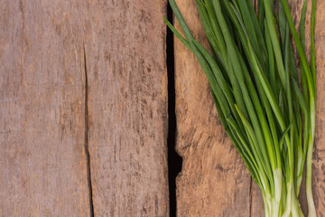Fresh spring onion on wood. Close up. Top view, copyspace.