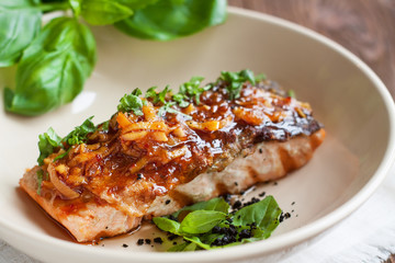Salmon fillet glazed in ginger sauce