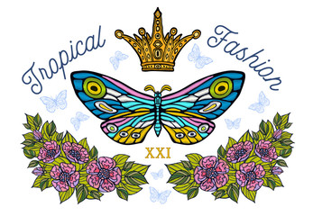 Fototapeta na wymiar Butterflies color embroidery Tropical flowers colorful flight butterflies wings textured stripe crown