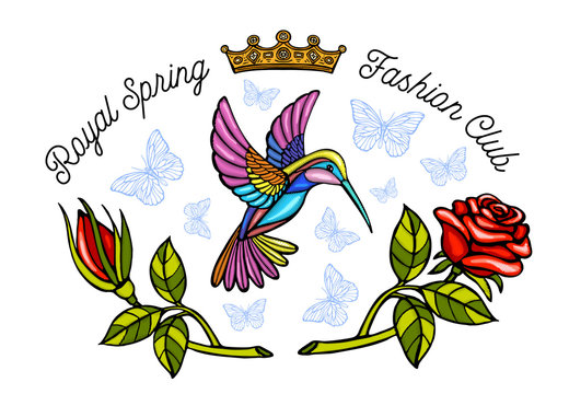 Hummingbirds butterflies crown roses embroidery patch Royal spring fashion club.