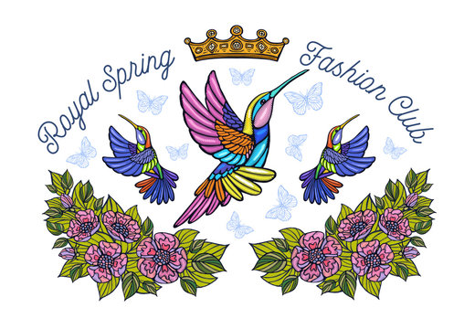 Hummingbirds butterflies crown flowers embroidery patch Royal spring fashion club.