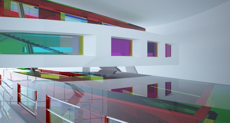 Abstract white and colored gradient glasses interior multilevel public space with window. 3D illustration and rendering.