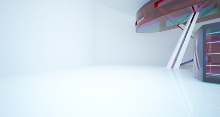Abstract white and colored gradient glasses interior multilevel public space with window. 3D illustration and rendering.