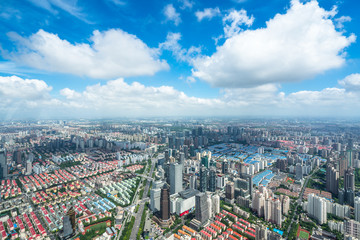 panoramic city skyline in shanghai china during sunset
