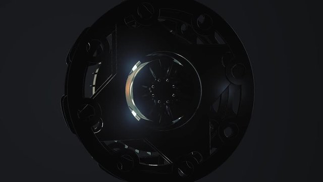 Abstract round animation, hi-tech stylization with circles. Futuristic effect. Central sight of wheels in technology. Animation of abstract round mechanism