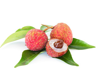 lychees with leaves on white background