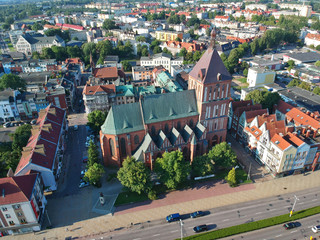 Aerial view on Koszalin city, old town, city center, green city, cathedral
