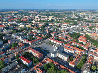 Aerial view on center of Koszalin city with city hall and cathedral