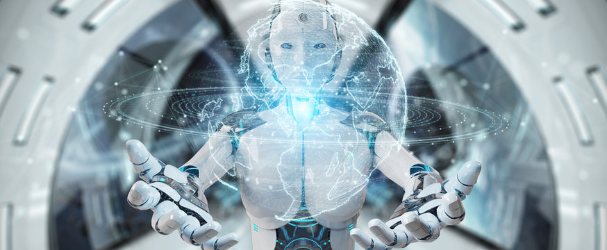 White robot woman using globe network hologram with America Usa map 3D rendering