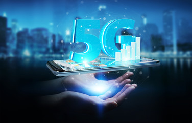 Businesswoman using 5G network with mobile phone 3D rendering