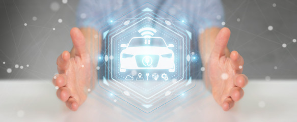 Businessman using modern smart car interface 3D rendering