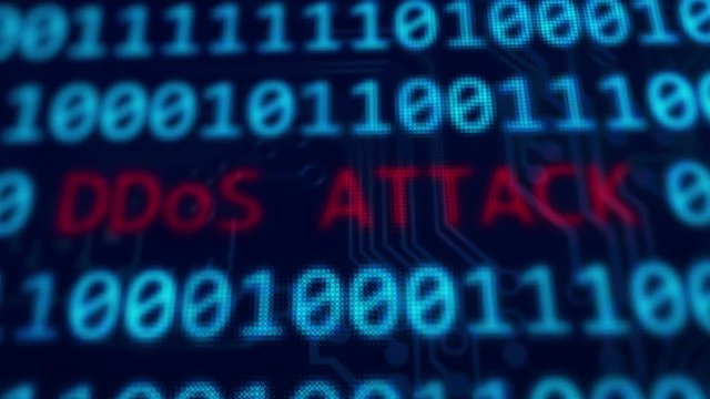 DDoS attack red message on computer screen 3D animation with depth of field