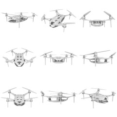 Remote control air drone set. Dron flying. 3d render isolated on white