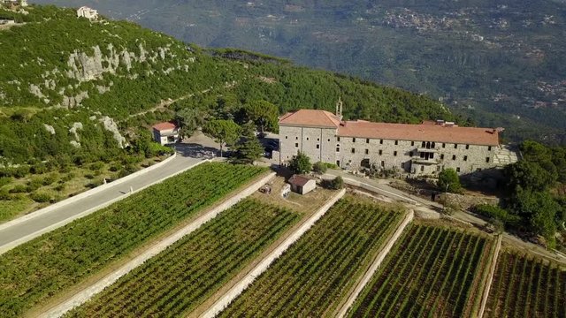 Drone over Batroun vineyards and monastery