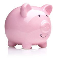 pink ceramic piggy bank isolated on white background