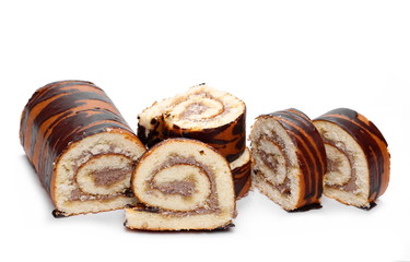 Chocolate roll with cocoa cream  isolated on white background
