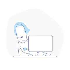 Work at the computer. Cute funny cheerful woman character is working and looking out behind the monitor. Programmer, Business, Freelance, Customer Service