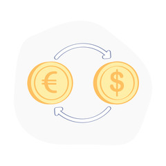 Currency Exchange symbol with arrow, from dollar to euro and from euro coin to dollar, money transfer. Financial icon concept, flat outline vector icon design