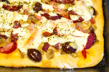 homemade pizza with peppers, plums, ham, sausage, cheese and spices, closeup