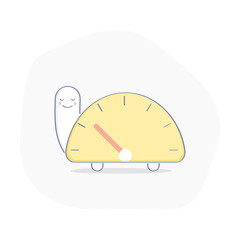 Slow like a turtle download speed, low traffic speed. Flat outline icon concept of turtle with an arrow on the indicator panel, speedometer symbol