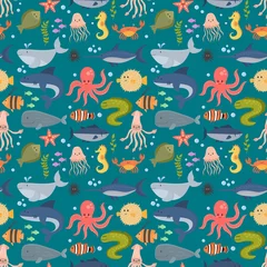 Papier peint Animaux marins Animaux marins vecteur créatures personnages dessin animé océan faune marine aquarium sous-marin vie eau graphique aquatique bêtes tropicales illustration de fond transparente motif.
