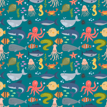 Sea animals vector creatures characters cartoon ocean wildlife marine underwater aquarium life water graphic aquatic tropical beasts seamless pattern background illustration.