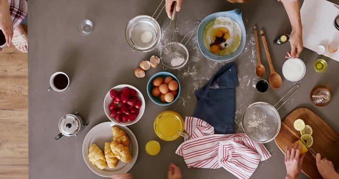 time lapse of caucasian family making breakfast delicious homemade pancakes in vibrant kitchen enjoying healthy lifestyle together top view camera track