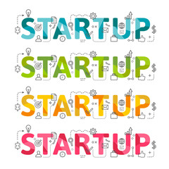 Startup word lettering set in low poly design with related thin line icons