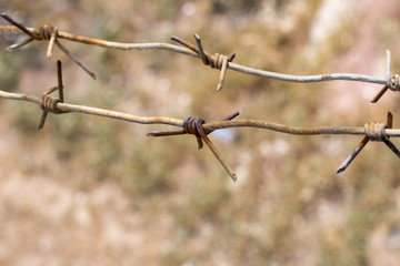 rusty barbed wire on blurred brown background