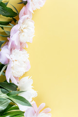 Pastel pink peony flowers bouquet on yellow background. Minimal floral flatlay concept.