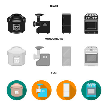 Multivarka, refrigerator, meat grinder, gas stove.Household set collection icons in black, flat, monochrome style vector symbol stock illustration web.