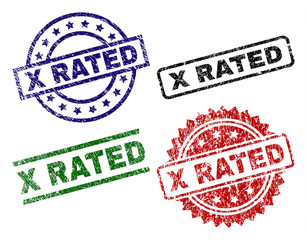 X RATED seal prints with corroded style. Black, green,red,blue vector rubber prints of X RATED label with corroded style. Rubber seals with circle, rectangle, medal shapes.