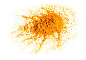 Turmeric (Curcuma) powder pile isolated on white background, top view.