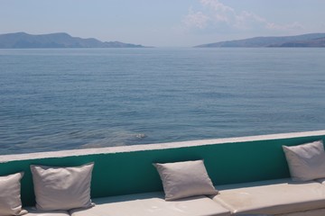 Sea bar with comfortable sofa and the adriatic sea. Senj, Croatia, South Europe.